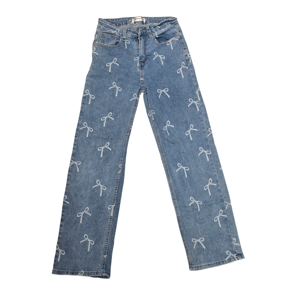 FLAWED Bamboo Jeans Womens Size 5 Blue Bow Print High Waisted Straight Leg Denim